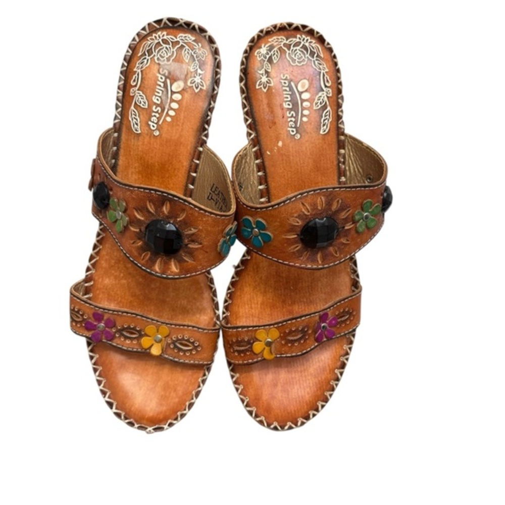 Spring Step 3D brown floral leather heels sandals